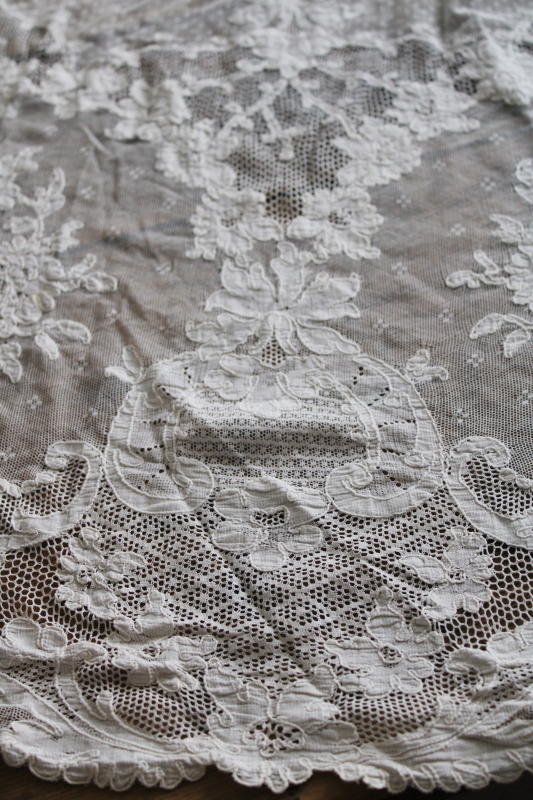 photo of antique vintage French alencon lace tablecloth, white cotton lace 102 x 60 oval tablecloth #3