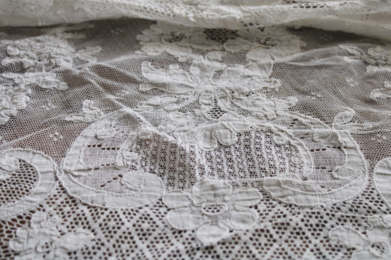 photo of antique vintage French alencon lace tablecloth, white cotton lace 102 x 60 oval tablecloth #6
