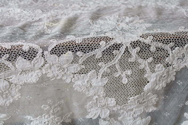 photo of antique vintage French alencon lace tablecloth, white cotton lace 102 x 60 oval tablecloth #12