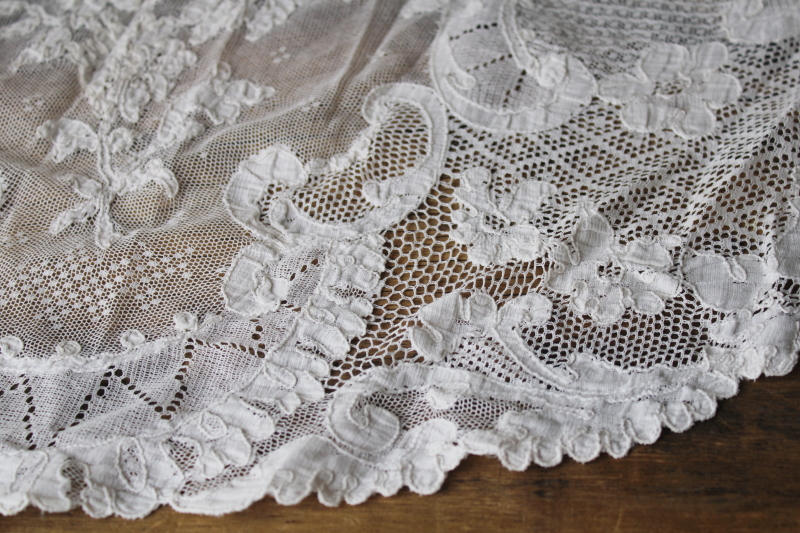 photo of antique vintage French alencon lace tablecloth, white cotton lace 102 x 60 oval tablecloth #13