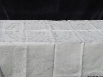 catalog photo of antique vintage German christening shawl, ivory linen damask, dated 1938