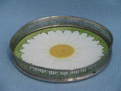 photo of antique vintage German majolica daisy china plate w/ nickel silver tray rim #1