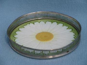 catalog photo of antique vintage German majolica daisy china plate w/ nickel silver tray rim