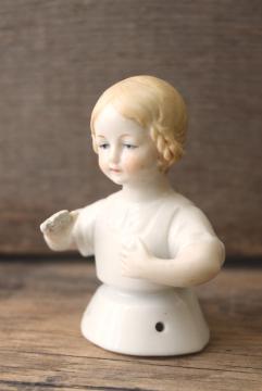 catalog photo of antique vintage Germany china half doll for pincushion, girl w/ blonde braids