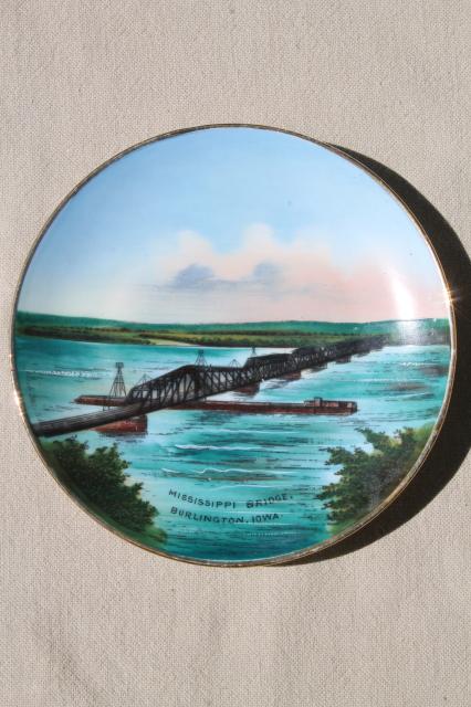 photo of antique vintage Germany hand-painted souvenir plate, Burlington Iowa Mississippi river bridge #1