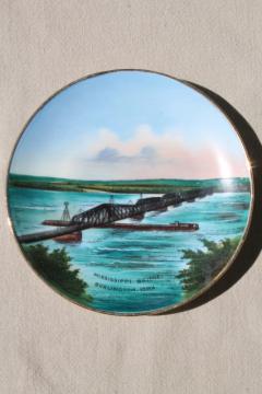 catalog photo of antique vintage Germany hand-painted souvenir plate, Burlington Iowa Mississippi river bridge