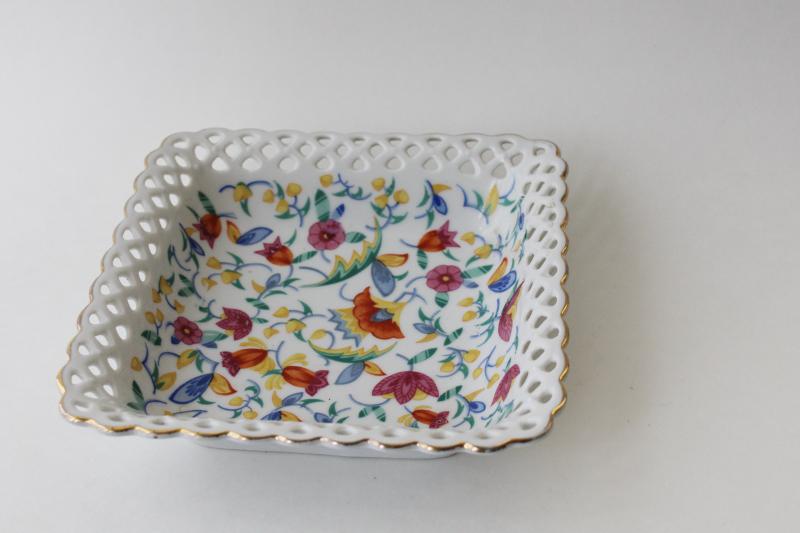 photo of antique vintage Germany reticulated china dish, square bowl w/ chintz floral #1