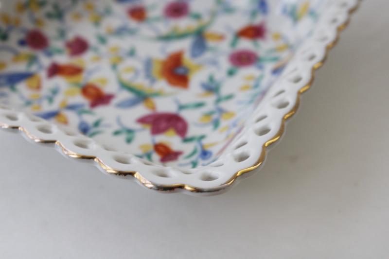 photo of antique vintage Germany reticulated china dish, square bowl w/ chintz floral #3