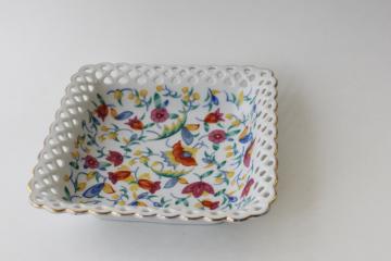 catalog photo of antique vintage Germany reticulated china dish, square bowl w/ chintz floral