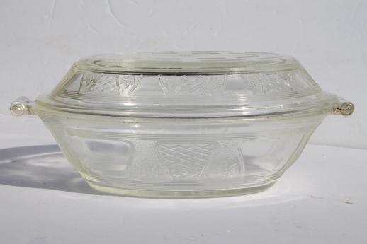 photo of antique vintage Glasbake casserole dish & cover, clear embossed glass pattern #1