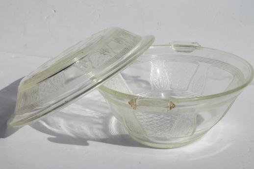 photo of antique vintage Glasbake casserole dish & cover, clear embossed glass pattern #2