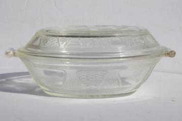 catalog photo of antique vintage Glasbake casserole dish & cover, clear embossed glass pattern