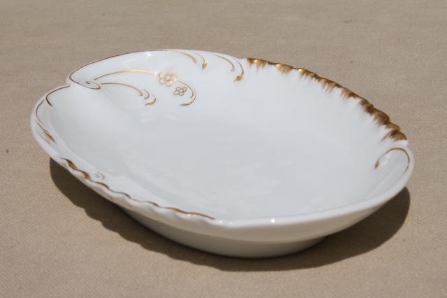 photo of antique vintage Limoges china oval plates or side dishes, french gold & white porcelain bowls #12
