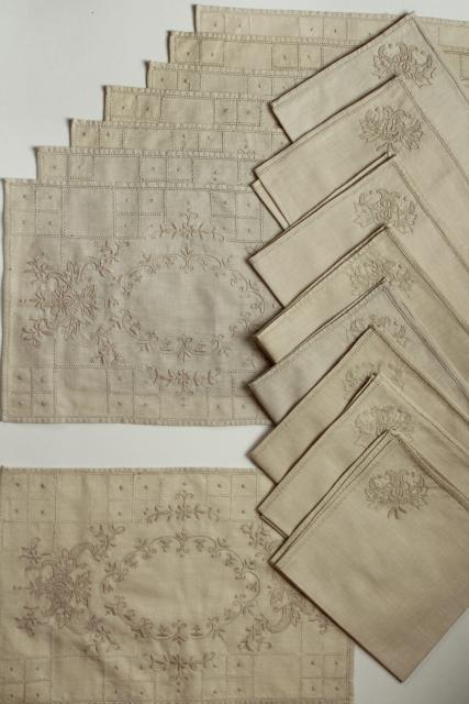 photo of antique vintage Madeira embroidered flax linen table linens, napkins and place mats #1