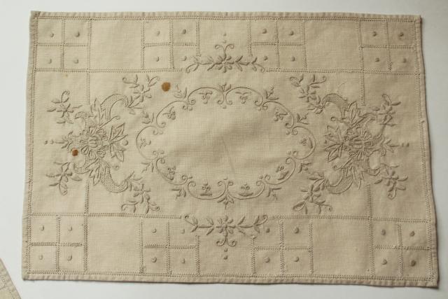 photo of antique vintage Madeira embroidered flax linen table linens, napkins and place mats #3