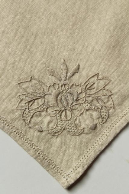 photo of antique vintage Madeira embroidered flax linen table linens, napkins and place mats #7