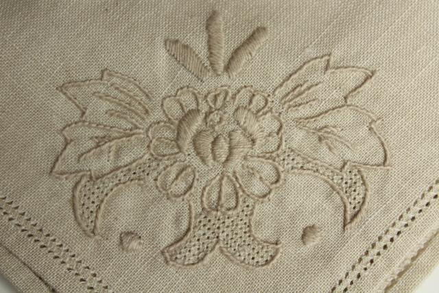 photo of antique vintage Madeira embroidered flax linen table linens, napkins and place mats #8