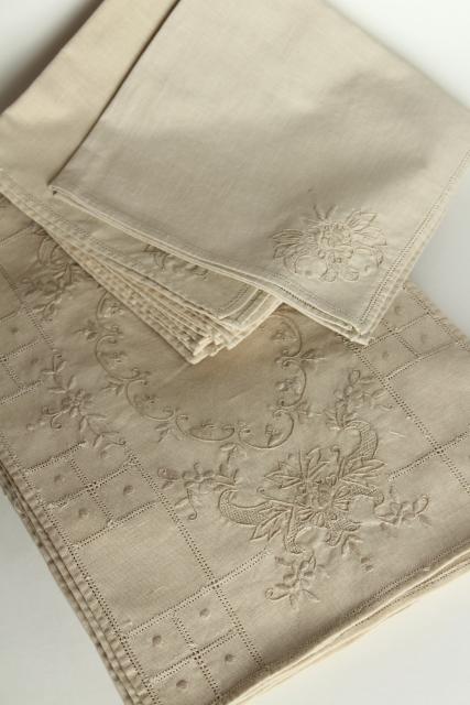 photo of antique vintage Madeira embroidered flax linen table linens, napkins and place mats #10