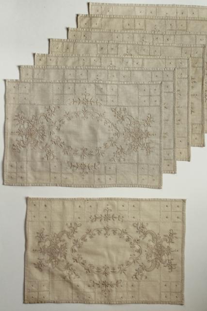 photo of antique vintage Madeira embroidered flax linen table linens, napkins and place mats #11