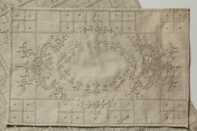 photo of antique vintage Madeira embroidered flax linen table linens, napkins and place mats #12