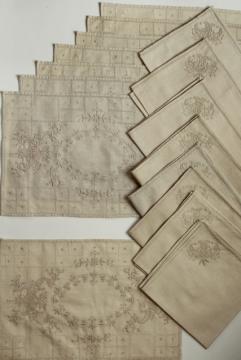 catalog photo of antique vintage Madeira embroidered flax linen table linens, napkins and place mats