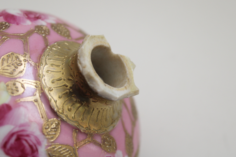 photo of antique vintage Nippon hand painted round globe vase pink & gold, damaged rim #6