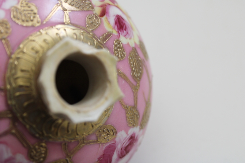 photo of antique vintage Nippon hand painted round globe vase pink & gold, damaged rim #7