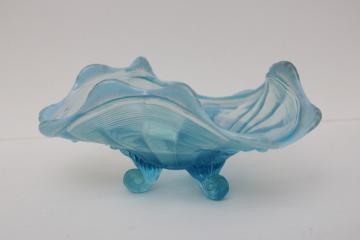 catalog photo of antique vintage Northwood blue opalescent glass candy dish, three toed bowl