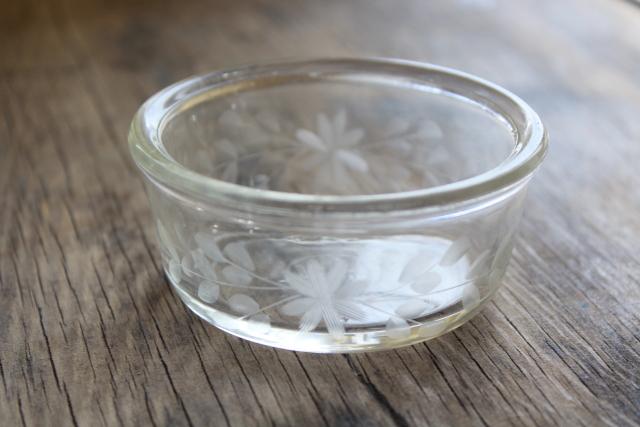 photo of antique vintage Pyrex ramekins, tiny glass custard cup dishes w/ wheel cut flowers #2