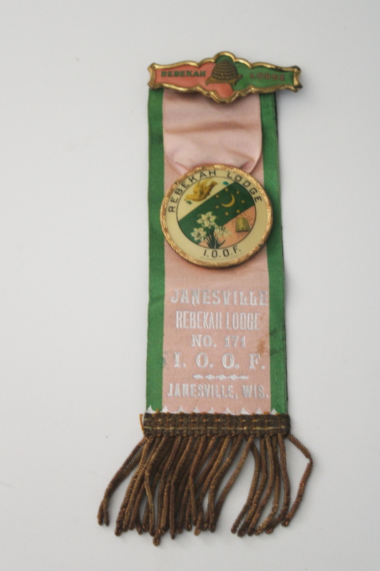 photo of antique vintage Rebekah Lodge Odd Fellows IOOF ribbon w/ pin badges & gold metal fringe #1