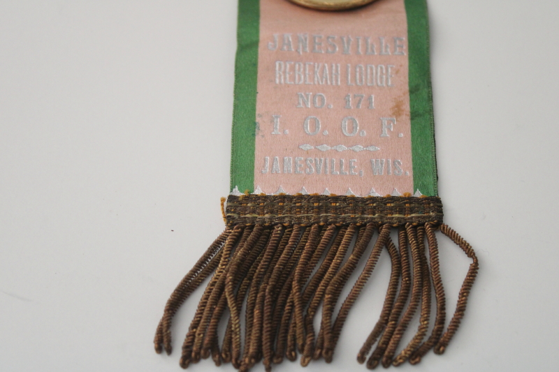 photo of antique vintage Rebekah Lodge Odd Fellows IOOF ribbon w/ pin badges & gold metal fringe #2