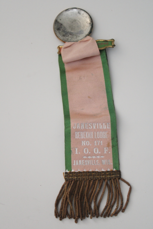 photo of antique vintage Rebekah Lodge Odd Fellows IOOF ribbon w/ pin badges & gold metal fringe #5