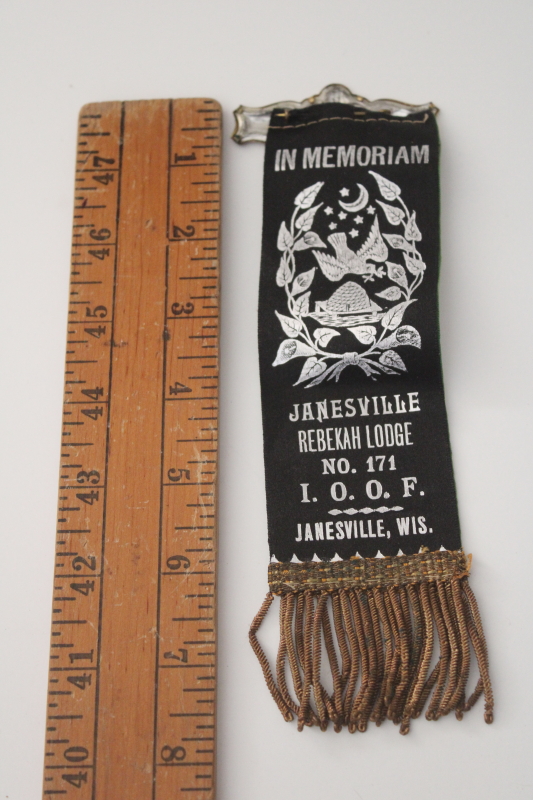 photo of antique vintage Rebekah Lodge Odd Fellows IOOF ribbon w/ pin badges & gold metal fringe #6