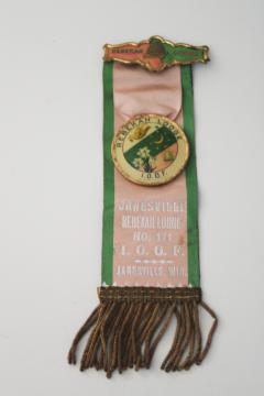 antique vintage Rebekah Lodge Odd Fellows IOOF ribbon w/ pin badges & gold metal fringe