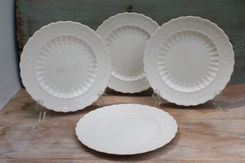 photo of antique vintage Spode Jewel plates w/ embossed lace border, plain creamware white china #1