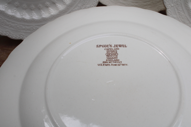 photo of antique vintage Spode Jewel plates w/ embossed lace border, plain creamware white china #2