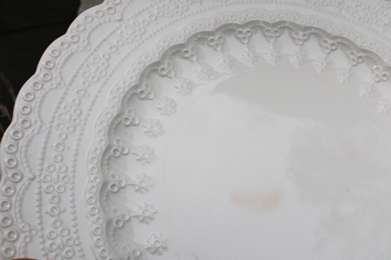 photo of antique vintage Spode Jewel plates w/ embossed lace border, plain creamware white china #3