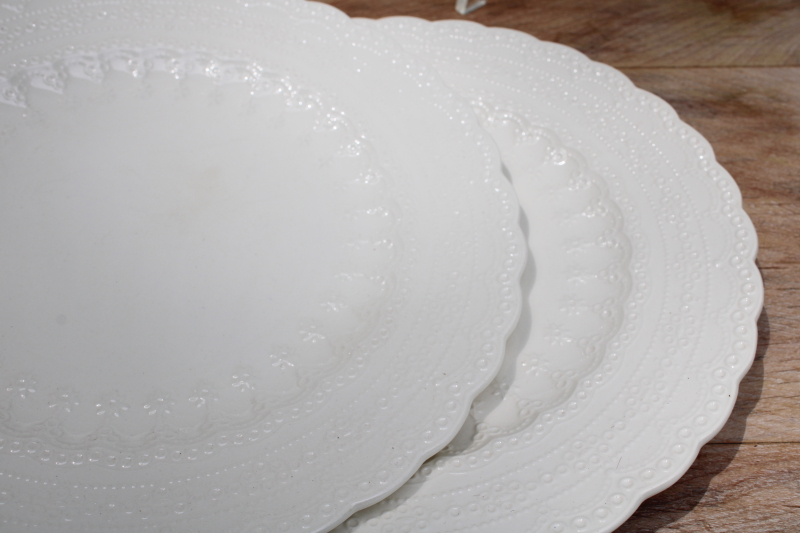 photo of antique vintage Spode Jewel plates w/ embossed lace border, plain creamware white china #4