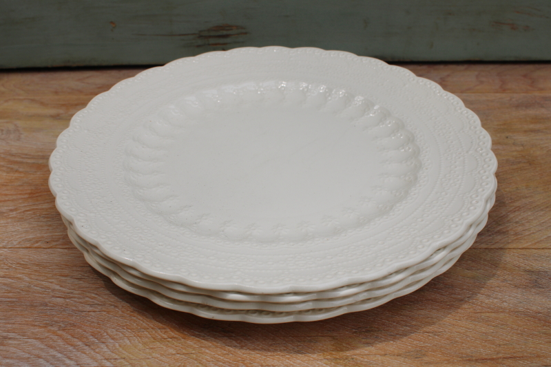 photo of antique vintage Spode Jewel plates w/ embossed lace border, plain creamware white china #6