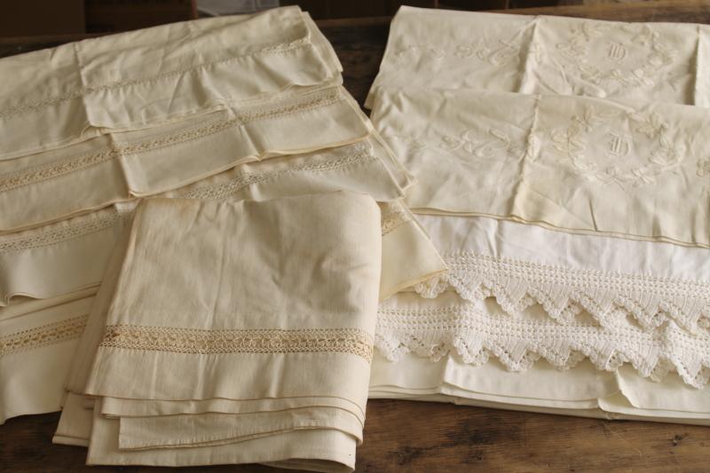 photo of antique vintage all white cotton pillowcases & bed sheet w/ embroidery, handmade lace #1