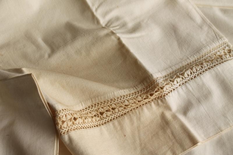 photo of antique vintage all white cotton pillowcases & bed sheet w/ embroidery, handmade lace #5