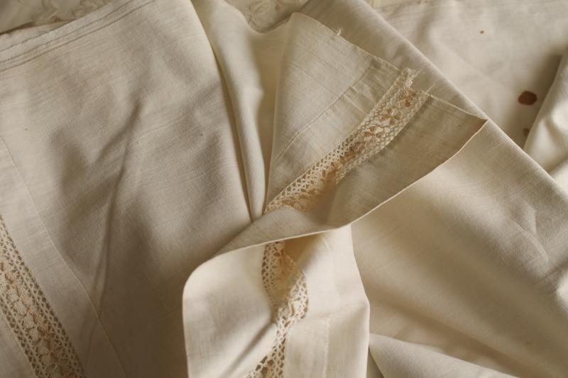 photo of antique vintage all white cotton pillowcases & bed sheet w/ embroidery, handmade lace #6