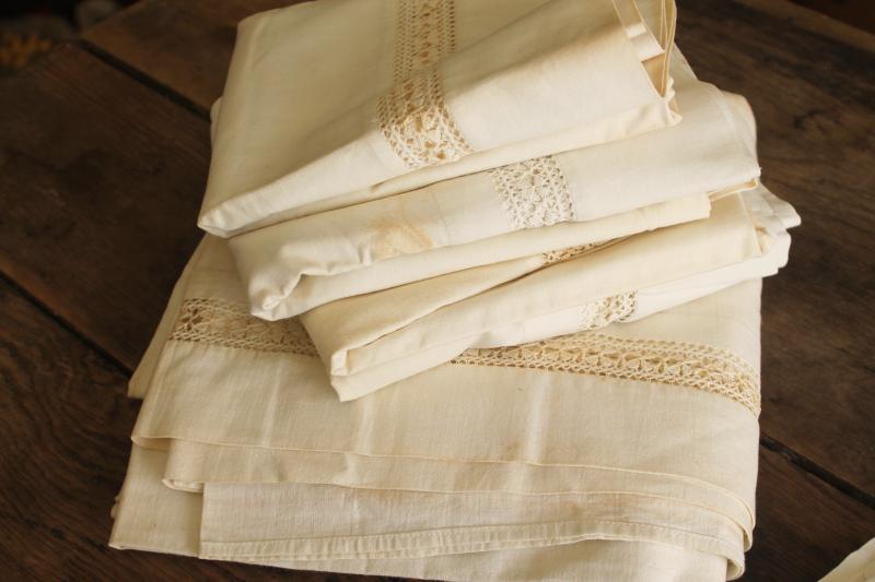 photo of antique vintage all white cotton pillowcases & bed sheet w/ embroidery, handmade lace #7