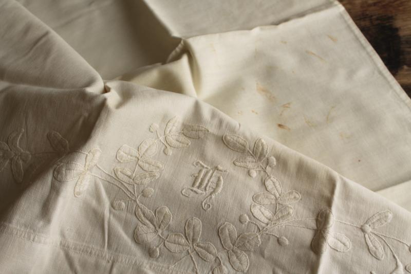 photo of antique vintage all white cotton pillowcases & bed sheet w/ embroidery, handmade lace #8