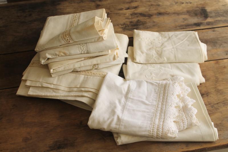 photo of antique vintage all white cotton pillowcases & bed sheet w/ embroidery, handmade lace #11