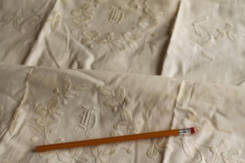 photo of antique vintage all white cotton pillowcases & bed sheet w/ embroidery, handmade lace #12