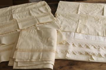 catalog photo of antique vintage all white cotton pillowcases & bed sheet w/ embroidery, handmade lace