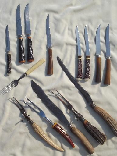 photo of antique & vintage  antler bone & plastic carving knives & steak knives lot #1