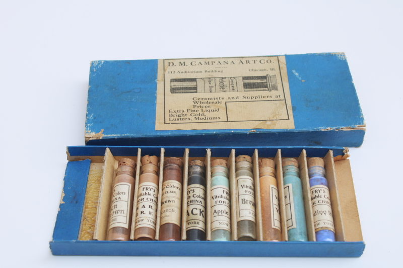 photo of antique vintage artists paint, tiny glass vials powdered color pigments for china painting #1