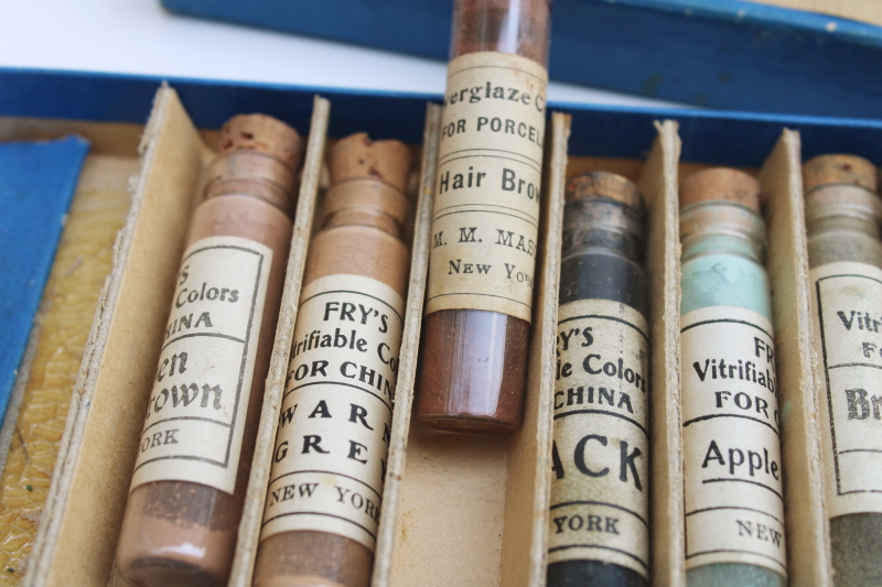 photo of antique vintage artists paint, tiny glass vials powdered color pigments for china painting #3